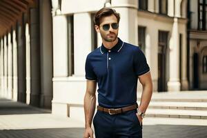a man in a blue polo shirt and sunglasses. AI-Generated photo