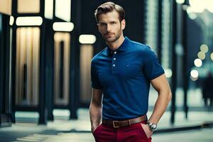 a man in a blue polo shirt and red pants. AI-Generated photo