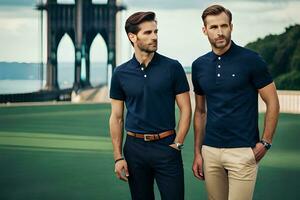 two men in blue polo shirts standing next to each other. AI-Generated photo