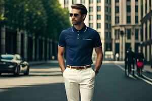 a man in a blue polo shirt and white pants. AI-Generated photo