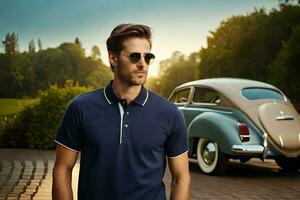 un hombre en Gafas de sol y un polo camisa en pie siguiente a un clásico coche. generado por ai foto