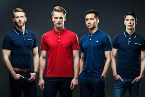 four men wearing different colors of polo shirts. AI-Generated photo