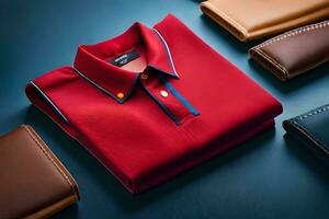 un rojo polo camisa y un billetera en un azul superficie. generado por ai foto