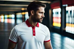 a man in a white and red polo shirt. AI-Generated photo