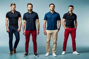 cinco hombres en diferente colores de polo camisas generado por ai foto