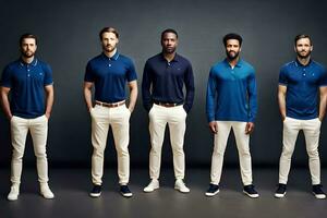 six men in blue polo shirts and white pants. AI-Generated photo