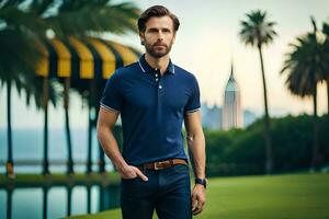 a man in a blue polo shirt and jeans stands in front of palm trees. AI-Generated photo