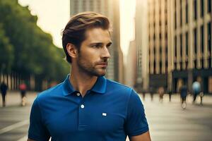 a man in a blue polo shirt standing in the middle of a city. AI-Generated photo