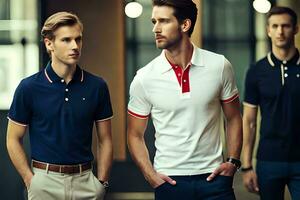 three men in polo shirts standing next to each other. AI-Generated photo