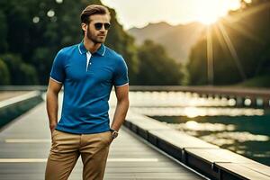 a man in a blue polo shirt and khaki pants. AI-Generated photo