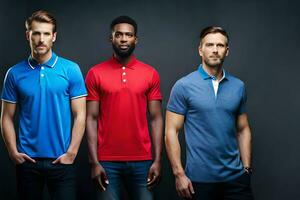 Tres hombres vistiendo diferente de colores polo camisas generado por ai foto