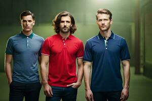 three men wearing polo shirts standing in a dark room. AI-Generated photo