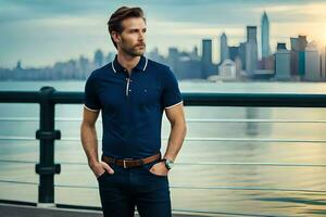 a man in a blue polo shirt and jeans standing by the water. AI-Generated photo