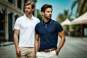 two men in white and blue polos standing on a street. AI-Generated photo