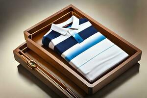 a striped shirt in a wooden box on a table. AI-Generated photo