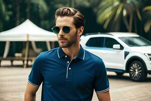 a man in sunglasses and a blue polo shirt standing in front of a white suv. AI-Generated photo