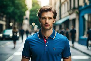 a man in a blue polo shirt standing on a city street. AI-Generated photo