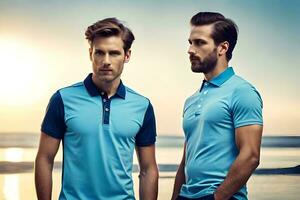 two men wearing blue polo shirts standing on the beach. AI-Generated photo
