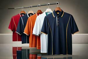 a group of men's polo shirts hanging on a rack. AI-Generated photo