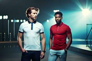 two men in white and red polo shirts standing next to each other. AI-Generated photo