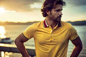 a man in a yellow polo shirt standing by the water. AI-Generated photo