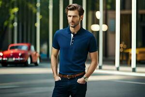 a man in a blue polo shirt and jeans. AI-Generated photo