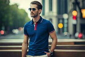 a man in sunglasses and a blue polo shirt. AI-Generated photo