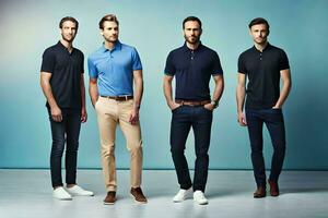 cinco hombres en diferente polo camisas y pantalones. generado por ai foto