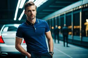 a man in a blue polo shirt standing next to a car. AI-Generated photo