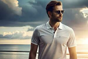 a man in sunglasses and a white polo shirt. AI-Generated photo