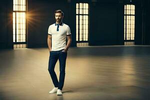 a man in a white shirt and blue jeans standing in an empty room. AI-Generated photo