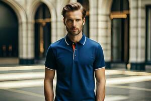a man in a blue polo shirt standing in an open area. AI-Generated photo