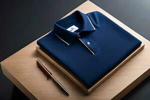 a blue polo shirt and pen on a wooden table. AI-Generated photo