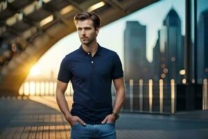 a man in a blue polo shirt standing on a bridge. AI-Generated photo