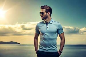 a man in sunglasses and a blue polo shirt standing on the beach. AI-Generated photo