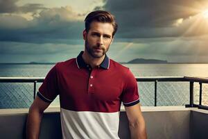 a man in a red and white polo shirt standing on a balcony. AI-Generated photo