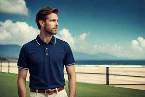 a man in a blue polo shirt standing on a grassy field. AI-Generated photo