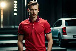 a man in a red polo shirt standing in front of a car. AI-Generated photo