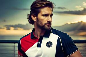 a man with long hair and beard wearing a red, white and blue polo shirt. AI-Generated photo