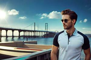 a man in sunglasses and a polo shirt standing near a bridge. AI-Generated photo