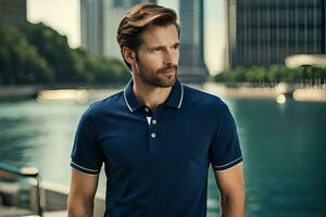 a man in a blue polo shirt standing in front of a body of water. AI-Generated photo