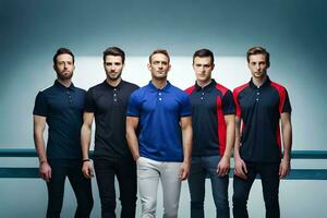 five men in different colors of polo shirts. AI-Generated photo