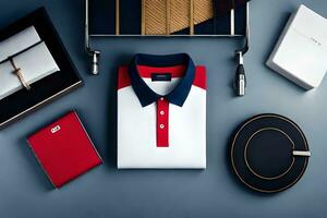 a red, white and blue polo shirt, a wallet and a watch. AI-Generated photo