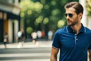 a man in a blue polo shirt and sunglasses. AI-Generated photo