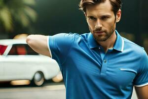 a man in a blue polo shirt is standing in front of a car. AI-Generated photo