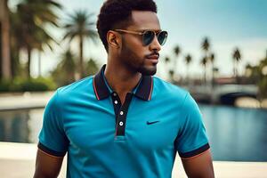 a man in sunglasses and a blue polo shirt. AI-Generated photo