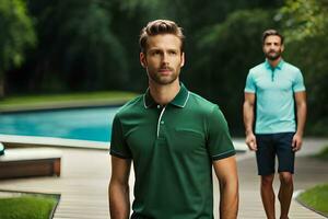 two men in green polo shirts standing by a pool. AI-Generated photo