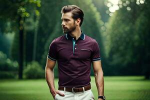 a man in a maroon polo shirt and white pants. AI-Generated photo