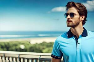 a man in sunglasses and a blue polo shirt. AI-Generated photo