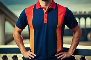 a man in a blue and orange polo shirt. AI-Generated photo